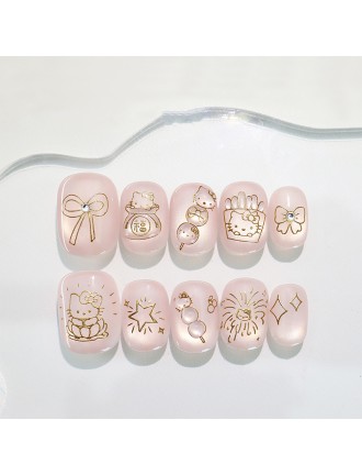 Golden Kitty Hand-Painted Nail Art