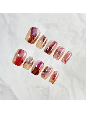 Amber Reddish Brown Hand Painted Nail Art